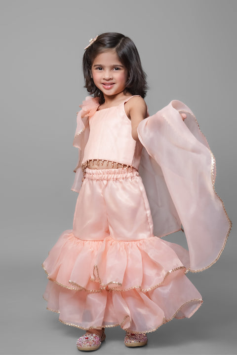 Pre-Order: Peach Gharara With Flower Dupatta