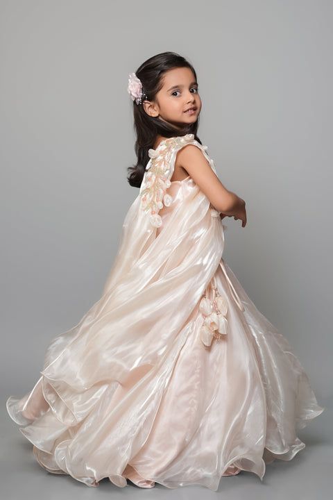 Pre-Order: Tissue Peach Lehenga Set With Embroidery And Handmade Flower Embellishment