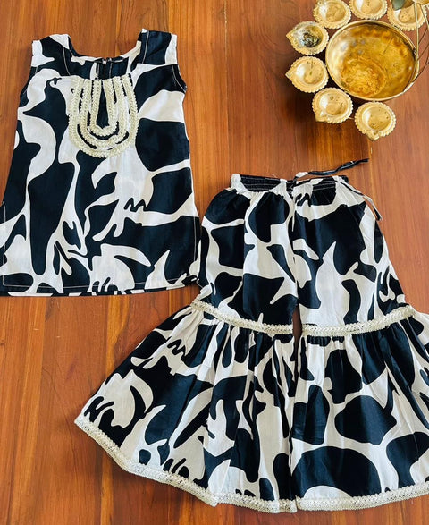 Aatya Kiids Sleeveless Abstract Print Sharara Set- Black/White.