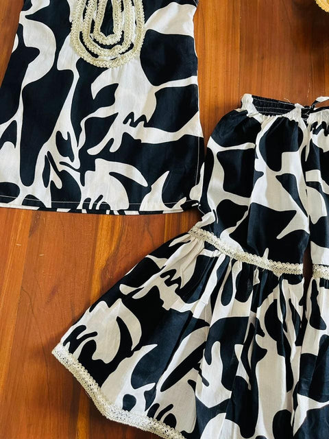 Aatya Kiids Sleeveless Abstract Print Sharara Set- Black/White.