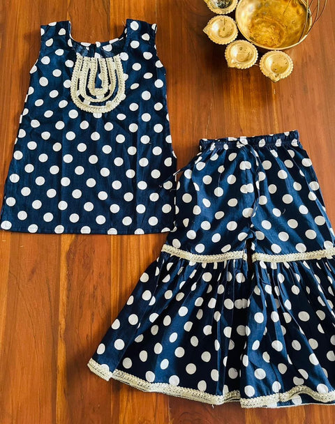 Aatya Kiids Sleeveless Polka Dot Sharara Set- Navy.