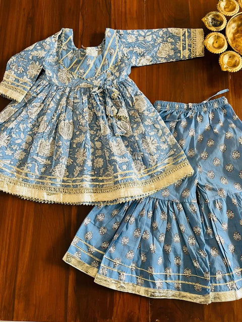Aatya Kiids Long Sleeves Floral printed Sharara Set- Blue.