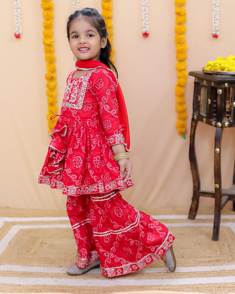 Aatya Kiids Full Sleeves Zari embroidery Kurti and Sharara with Dupatta - Red.