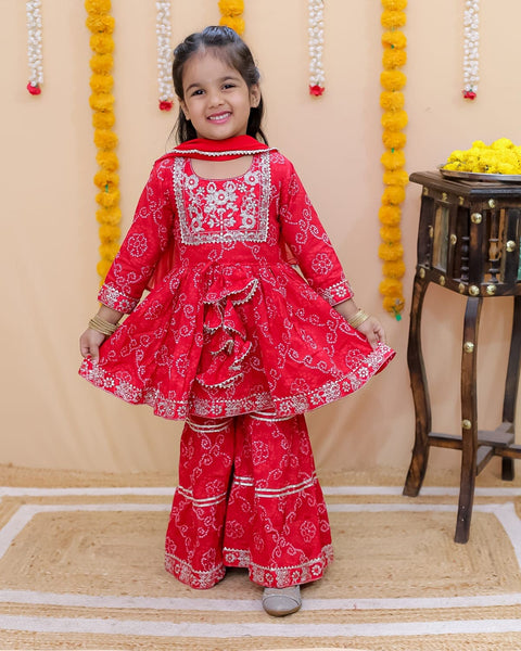 Aatya Kiids Full Sleeves Zari embroidery Kurti and Sharara with Dupatta - Red.