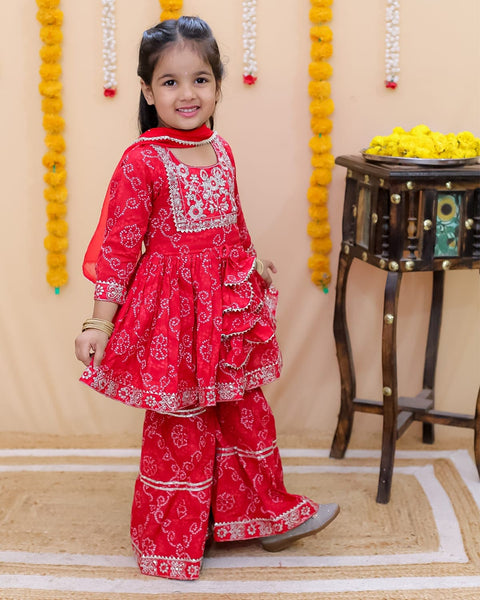 Aatya Kiids Full Sleeves Zari embroidery Kurti and Sharara with Dupatta - Red.