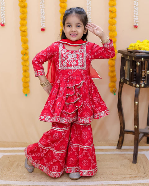 Aatya Kiids Full Sleeves Zari embroidery Kurti and Sharara with Dupatta - Red.