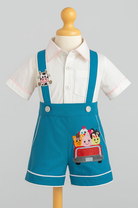 Pre-Order: Animal Car Dungaree Set (Teal)