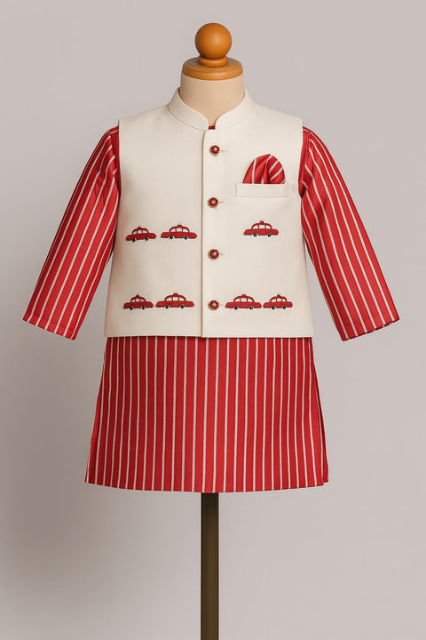 Pre-Order: Red White Stripes Printed Kurta with Nehru Jacket