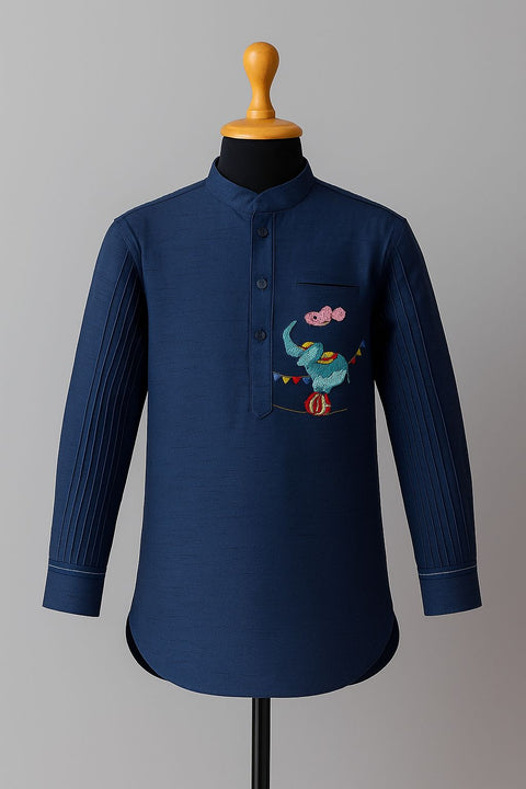 Pre-Order: Navy Blue Elephant Embroidery Short Kurta
