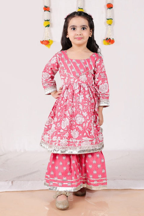 Long Sleeves Floral printed Sharara Set- Red