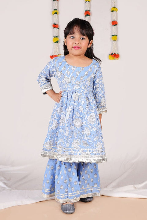 Long Sleeves Floral printed Sharara Set- Blue