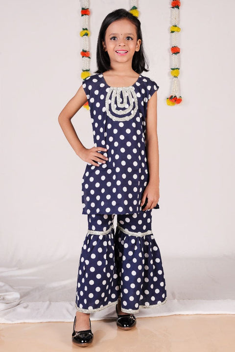 Sleeveless Polka Dot Sharara Set- Navy