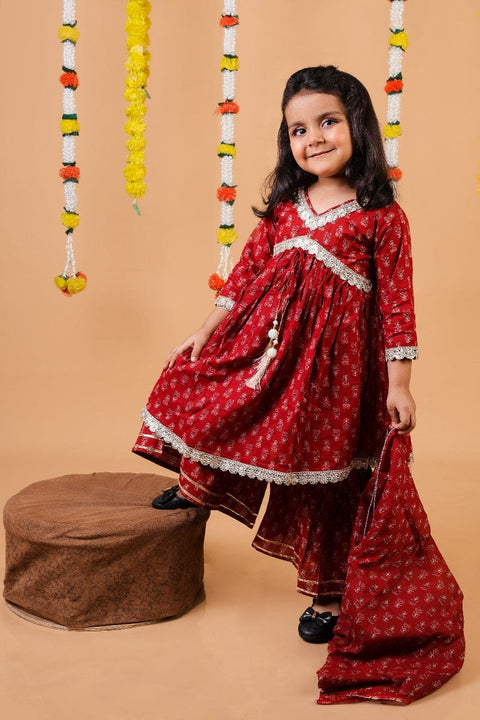 Red  Cotton Three Fourth Sleeves Zari embroidery Kurti with Sharara and Dupatta- Red