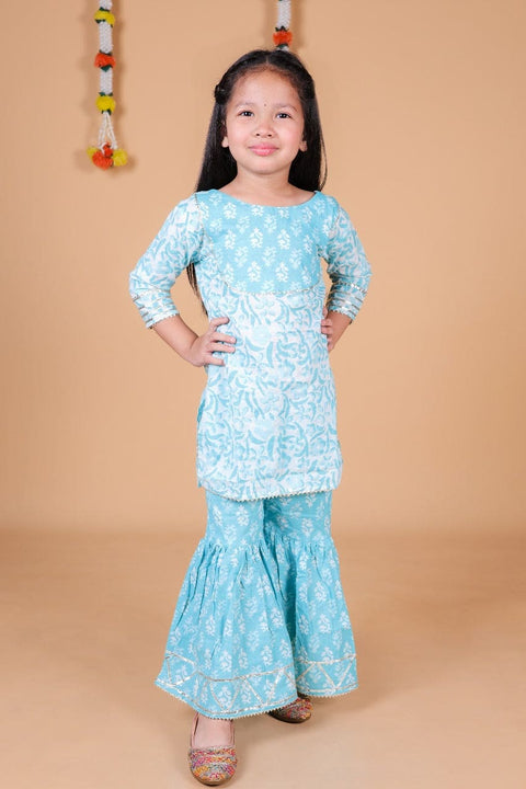 Half Sleeves Floral printed Sharara Set- - Blue