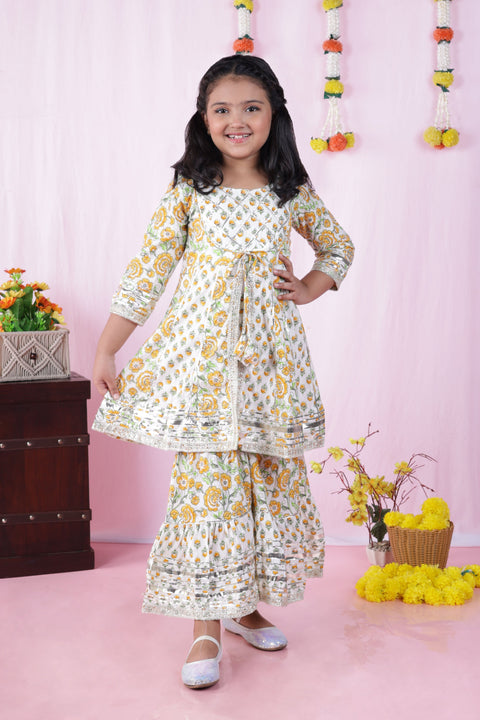 Aatya Kiids Pastel Green White Gota embellished Top with Sharara  - Green/Yellow.