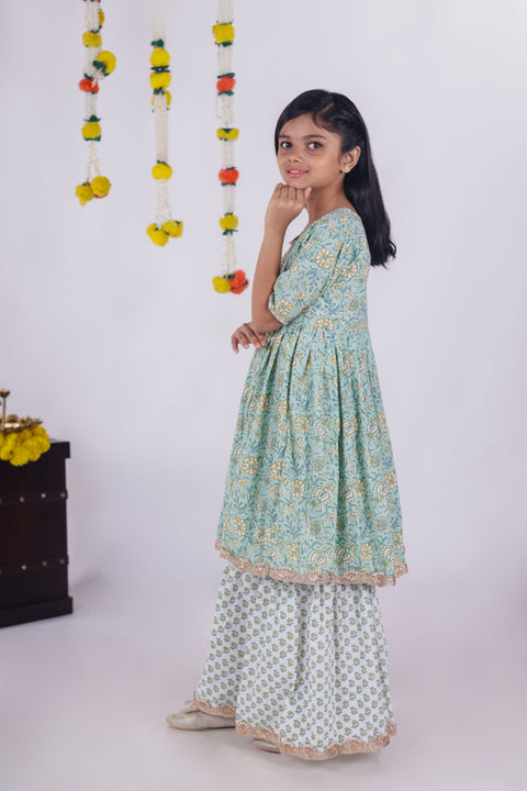 Aatya Kiids Green Gota Lace embellished Flower printed Sharara set - Green/White.