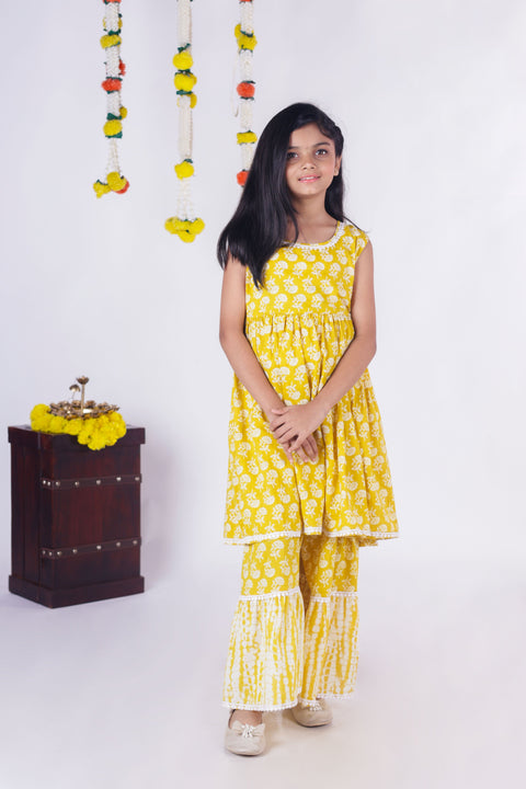 Aatya Kiids Gota embellished Sleeveless Kurta with Sharara - Yellow.