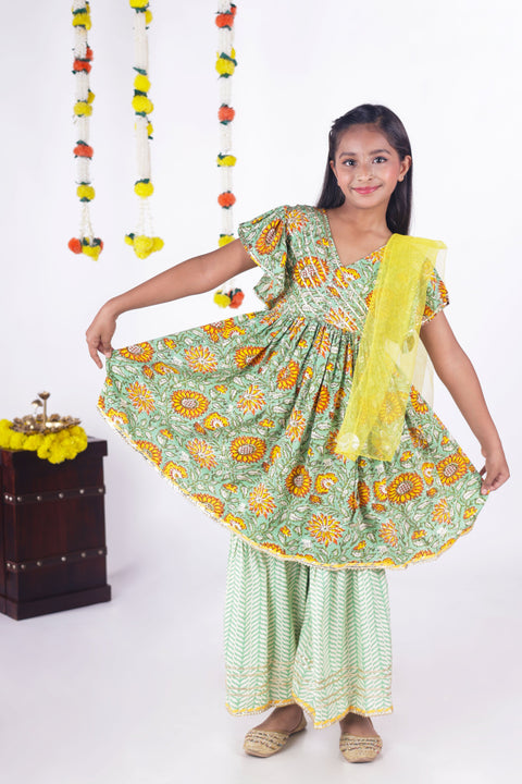 Aatya Kiids Green Angrakha Kurta Gota embellished Kurta with Sharara and Dupatta - Dark Green.