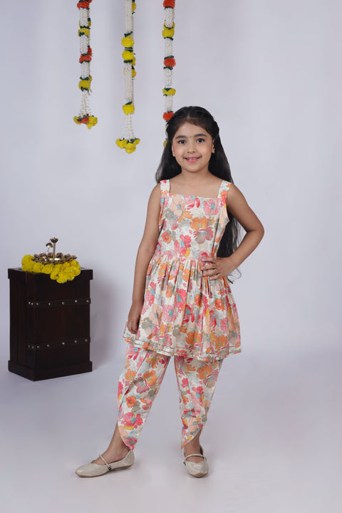 Aatya Kiids Chanderi Silk Sleeveless Floral Printed Kurti with Dhoti - Multicolour.