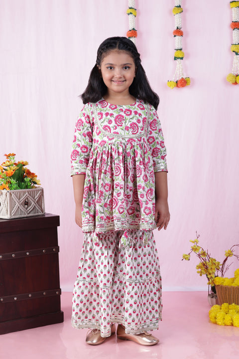 Aatya Kiids Gathered Top with Gota embellished round neck with Sharara  - White/Pink.