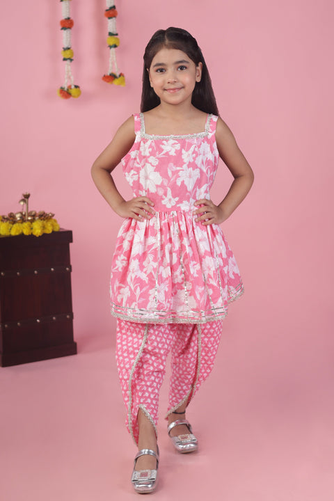 Aatya Kiids Pink Flower printed Peplum Top with Dhoti - Pink.