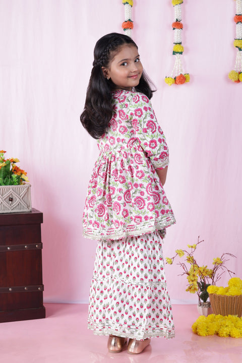 Aatya Kiids Gathered Top with Gota embellished round neck with Sharara  - White/Pink.