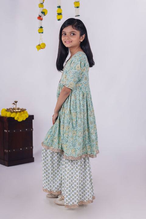 Aatya Kiids Green Gota Lace embellished Flower printed Sharara set - Green/White.