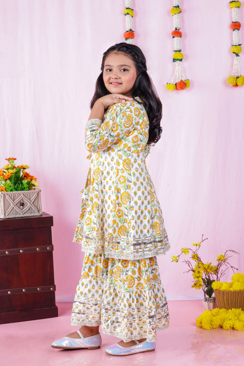 Aatya Kiids Pastel Green White Gota embellished Top with Sharara  - Green/Yellow.