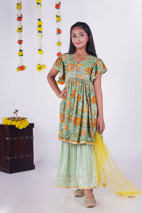 Aatya Kiids Green Angrakha Kurta Gota embellished Kurta with Sharara and Dupatta - Dark Green.