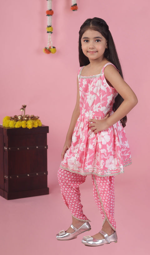 Aatya Kiids Pink Flower printed Peplum Top with Dhoti - Pink.