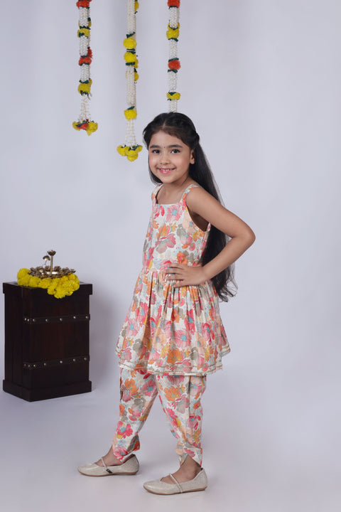 Aatya Kiids Chanderi Silk Sleeveless Floral Printed Kurti with Dhoti - Multicolour.