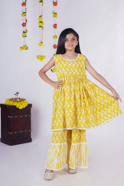 Aatya Kiids Gota embellished Sleeveless Kurta with Sharara - Yellow.