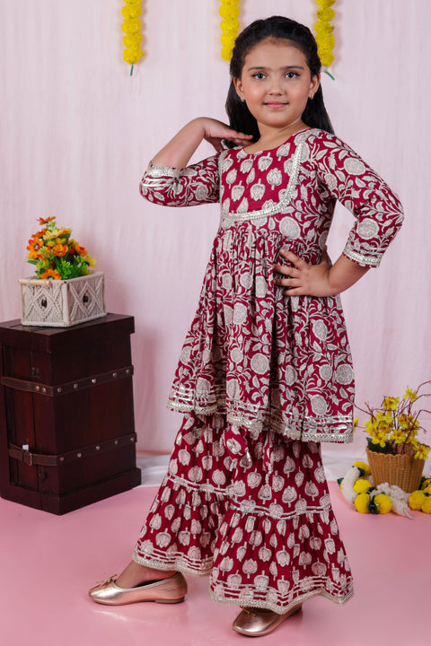 Aatya Kiids Maroon Embelished 3 dori Kurta with sharara - Maroon.