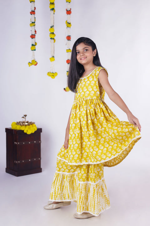 Aatya Kiids Gota embellished Sleeveless Kurta with Sharara - Yellow.