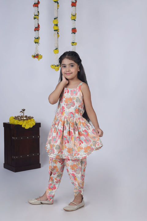 Aatya Kiids Chanderi Silk Sleeveless Floral Printed Kurti with Dhoti - Multicolour.