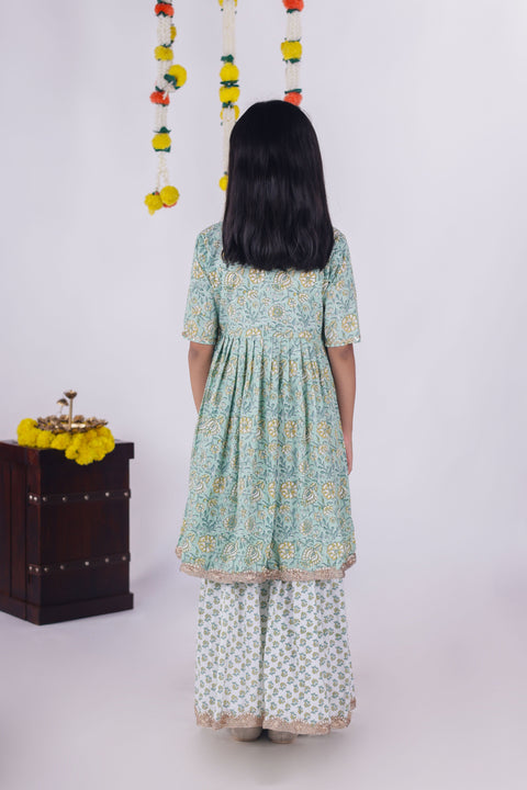 Aatya Kiids Green Gota Lace embellished Flower printed Sharara set - Green/White.