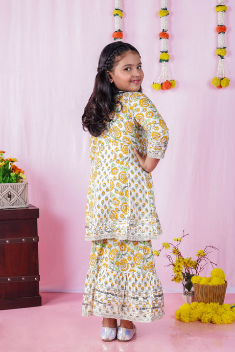 Aatya Kiids Pastel Green White Gota embellished Top with Sharara  - Green/Yellow.