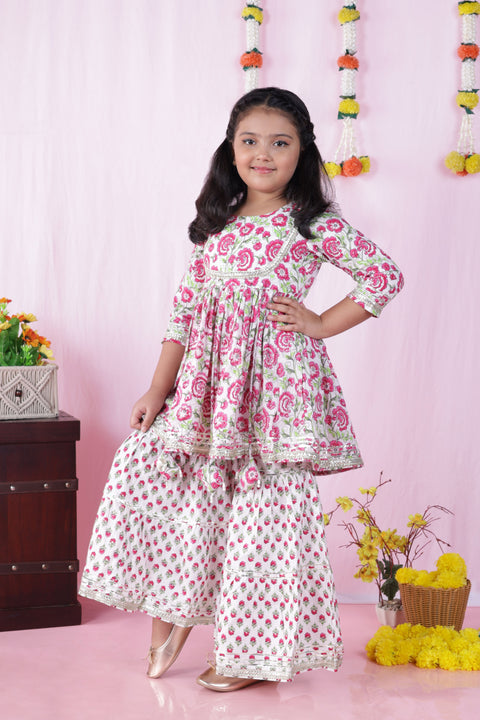 Aatya Kiids Gathered Top with Gota embellished round neck with Sharara  - White/Pink.