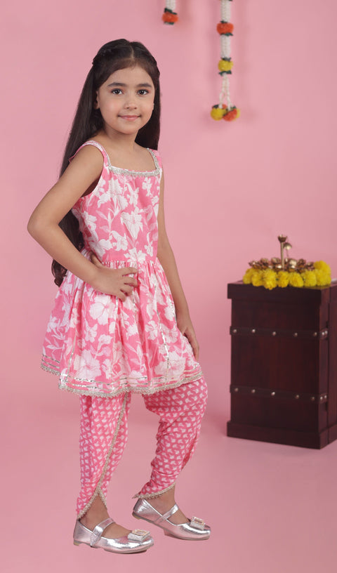 Aatya Kiids Pink Flower printed Peplum Top with Dhoti - Pink.