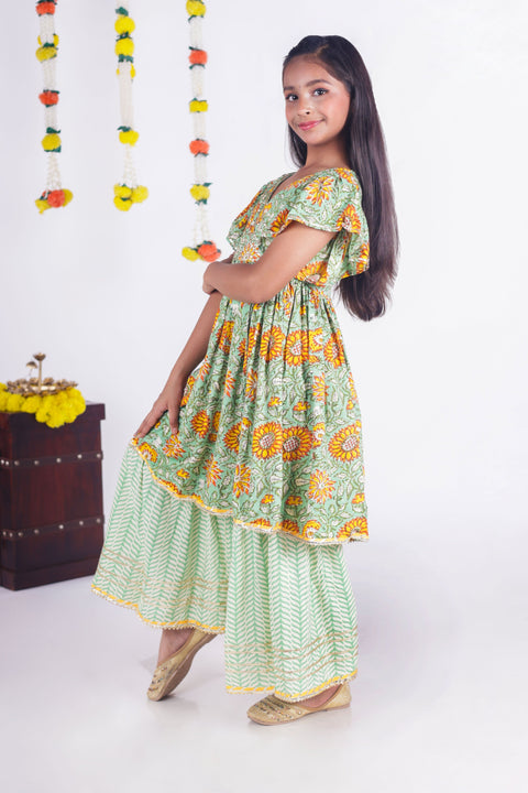 Aatya Kiids Green Angrakha Kurta Gota embellished Kurta with Sharara and Dupatta - Dark Green.