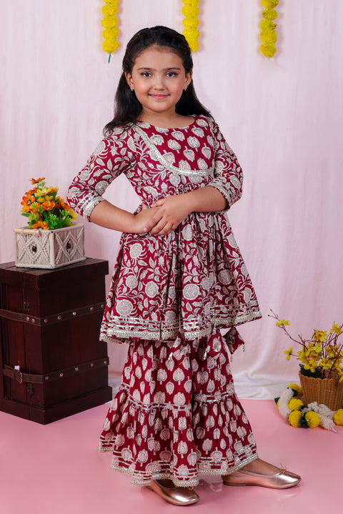 Aatya Kiids Maroon Embelished 3 dori Kurta with sharara - Maroon.