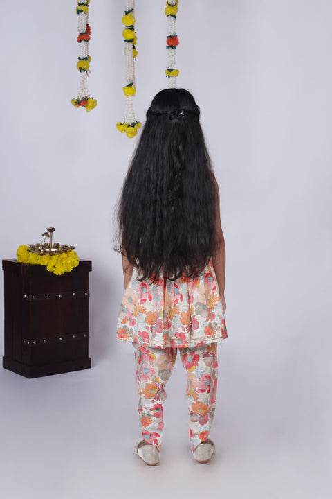 Aatya Kiids Chanderi Silk Sleeveless Floral Printed Kurti with Dhoti - Multicolour.