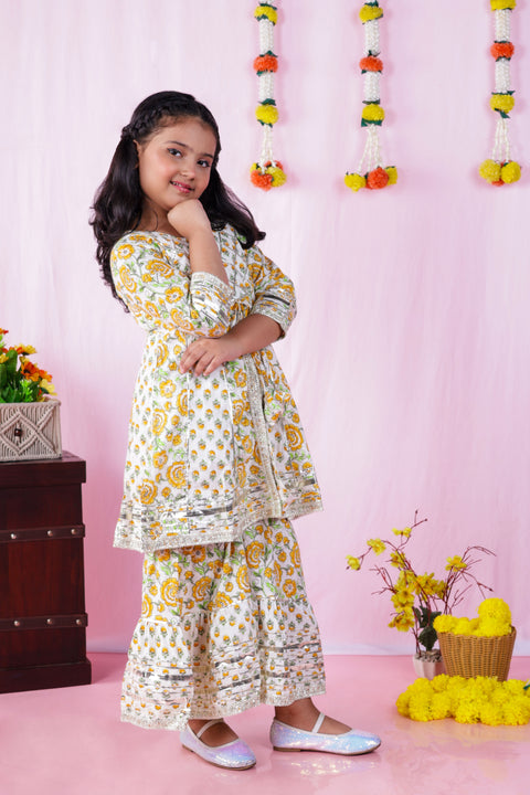 Aatya Kiids Pastel Green White Gota embellished Top with Sharara  - Green/Yellow.