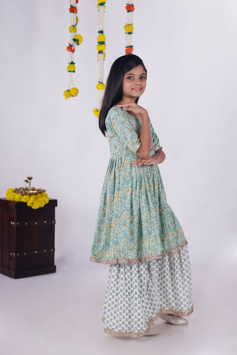 Aatya Kiids Green Gota Lace embellished Flower printed Sharara set - Green/White.