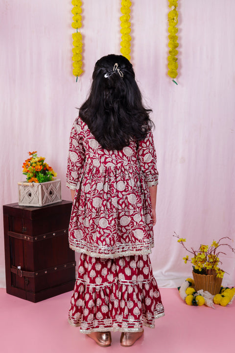 Aatya Kiids Maroon Embelished 3 dori Kurta with sharara - Maroon.