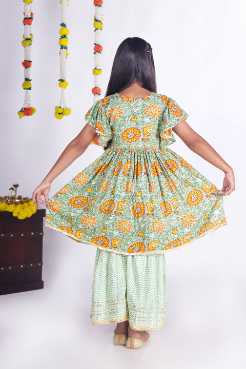 Aatya Kiids Green Angrakha Kurta Gota embellished Kurta with Sharara and Dupatta - Dark Green.