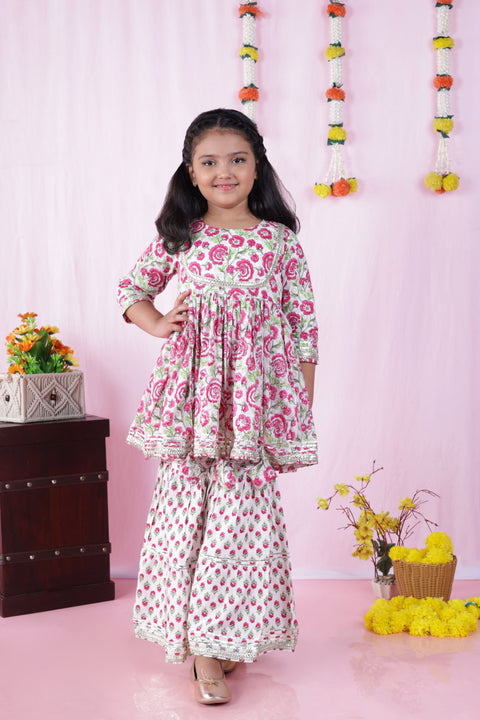 Aatya Kiids Gathered Top with Gota embellished round neck with Sharara  - White/Pink.
