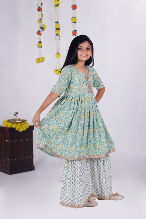 Aatya Kiids Green Gota Lace embellished Flower printed Sharara set - Green/White.