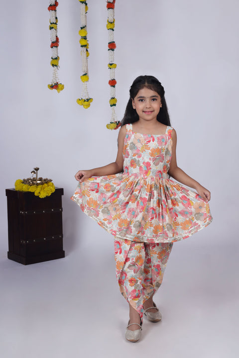 Aatya Kiids Chanderi Silk Sleeveless Floral Printed Kurti with Dhoti - Multicolour.