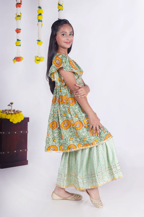 Aatya Kiids Green Angrakha Kurta Gota embellished Kurta with Sharara and Dupatta - Dark Green.